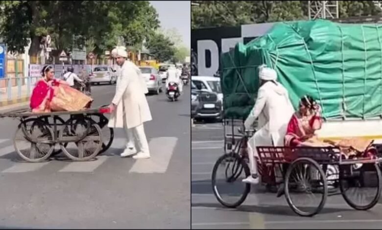 Unique style of the bride and groom: The couple roamed the streets on a handcart, the video went viral on social media